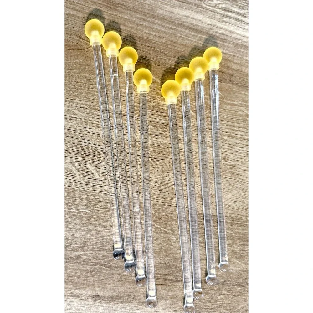 Yellow Lemon Ball Tipped Swizzle Sticks Set Of 8 Clear Acrylic Vintage Barware